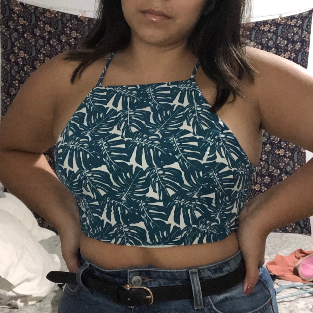 Blue Leaf Print Halter Top
